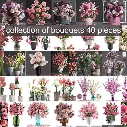 Collection of pink flower bouquets in vases 40 pieces 3D model