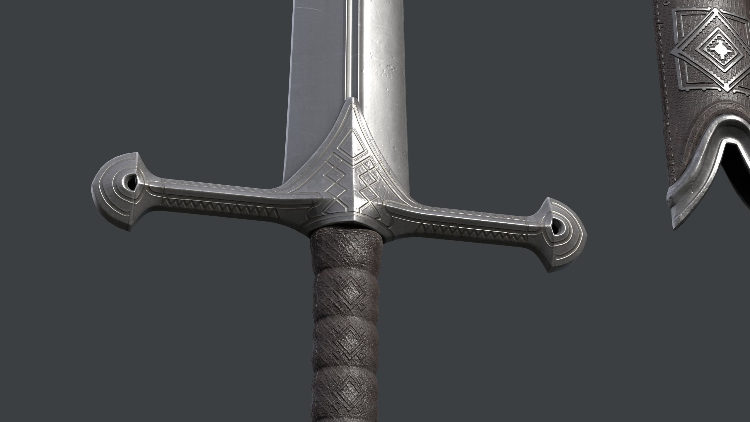 Engraved Fantasy Sword and Scabbard A Low-poly 3D model_10