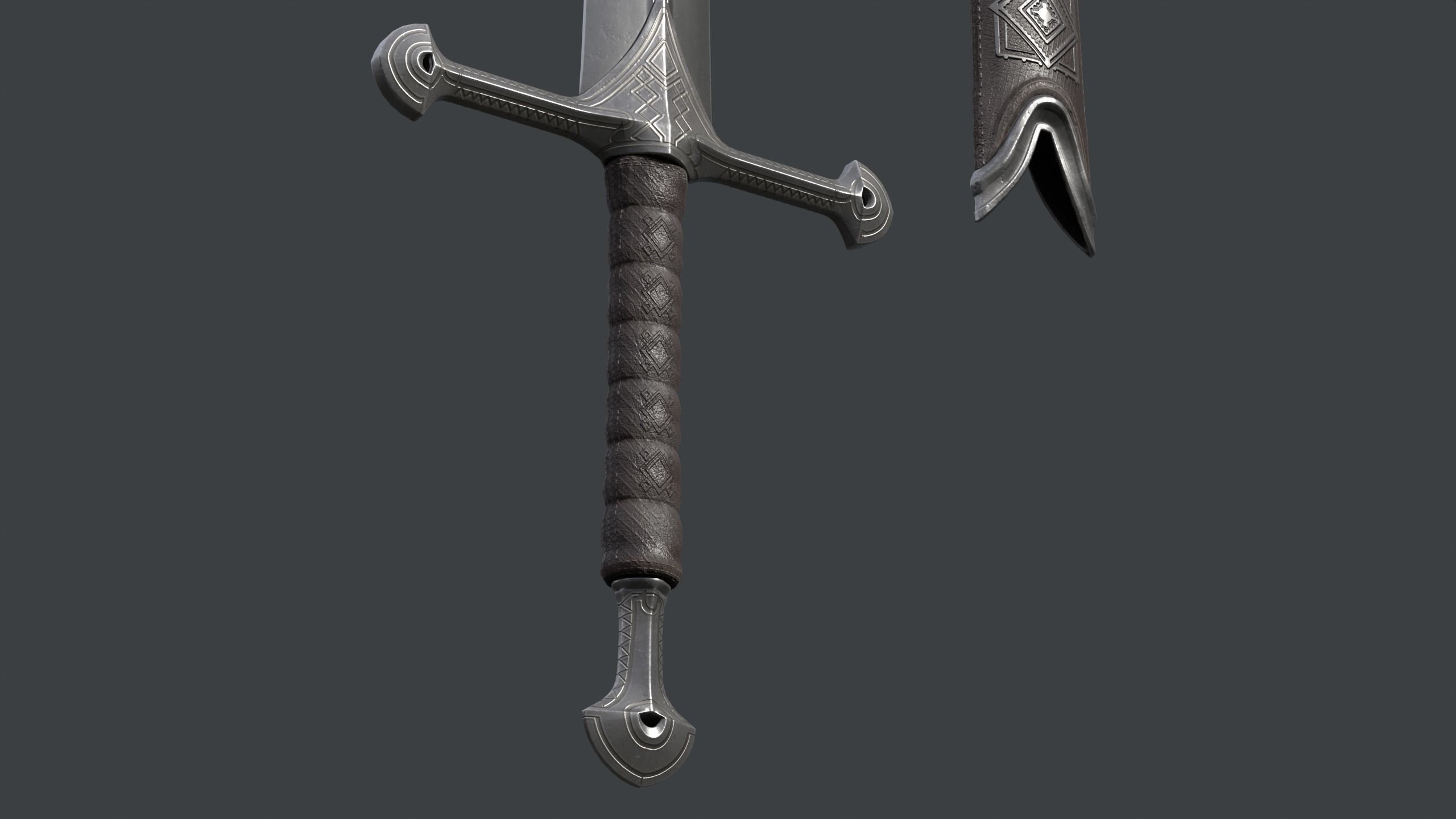 Engraved Fantasy Sword and Scabbard A Low-poly 3D model_8