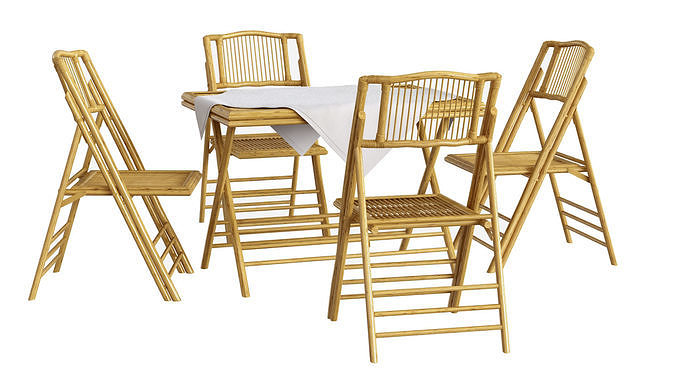 Bamboo table and chair set with tablecloth 3D model 7