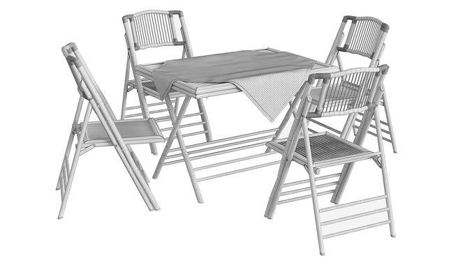 Bamboo table and chair set with tablecloth 3D model 6