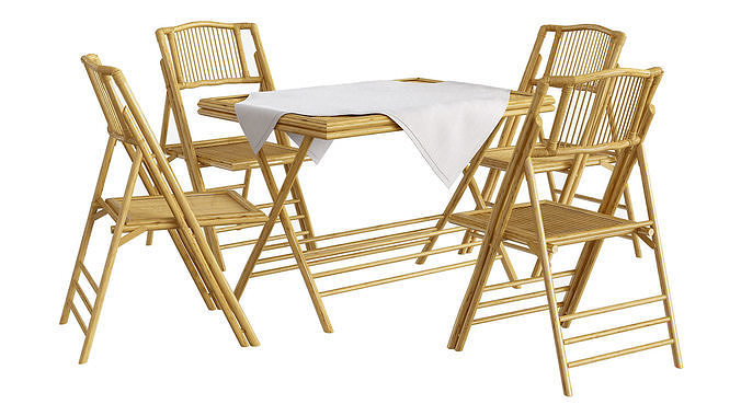 Bamboo table and chair set with tablecloth 3D model 4