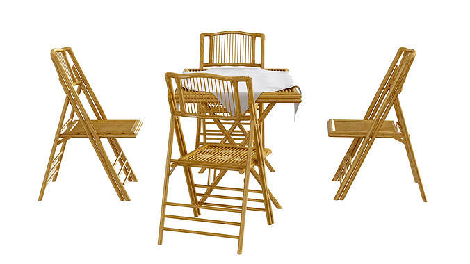 Bamboo table and chair set with tablecloth 3D model 2