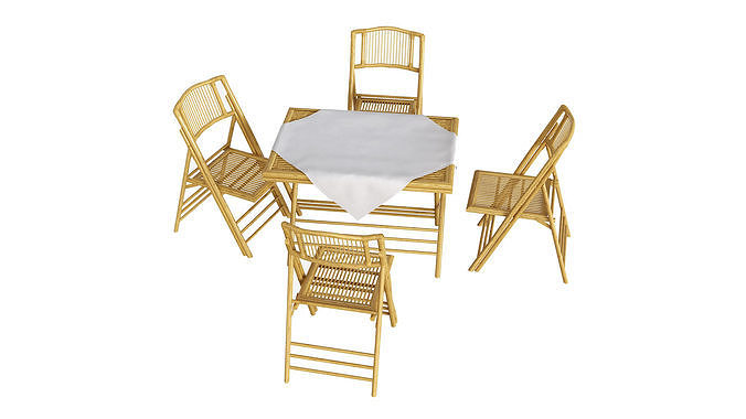 Bamboo table and chair set with tablecloth 3D model 3