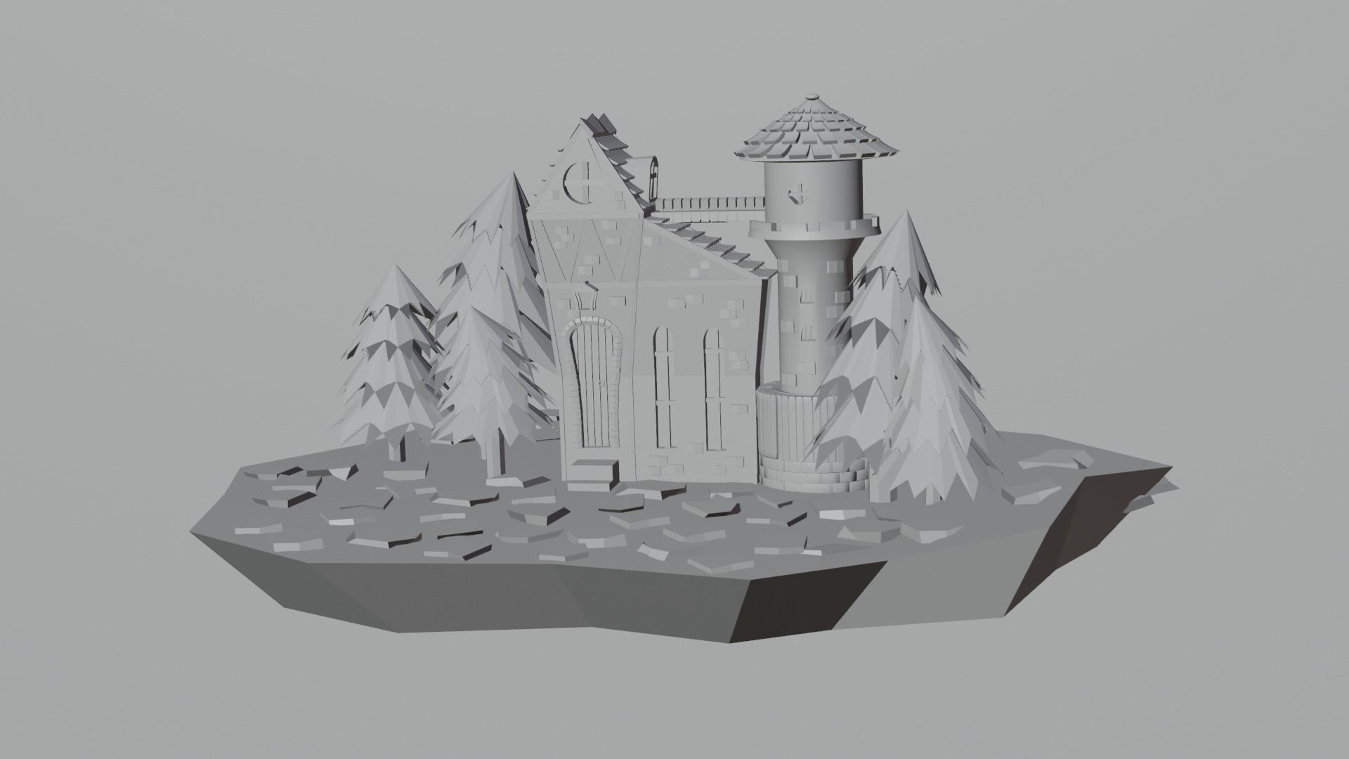 Castle on island in night sky 3D model_1