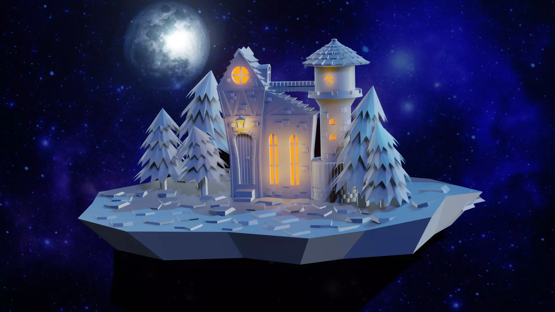 Castle on island in night sky 3D model_0