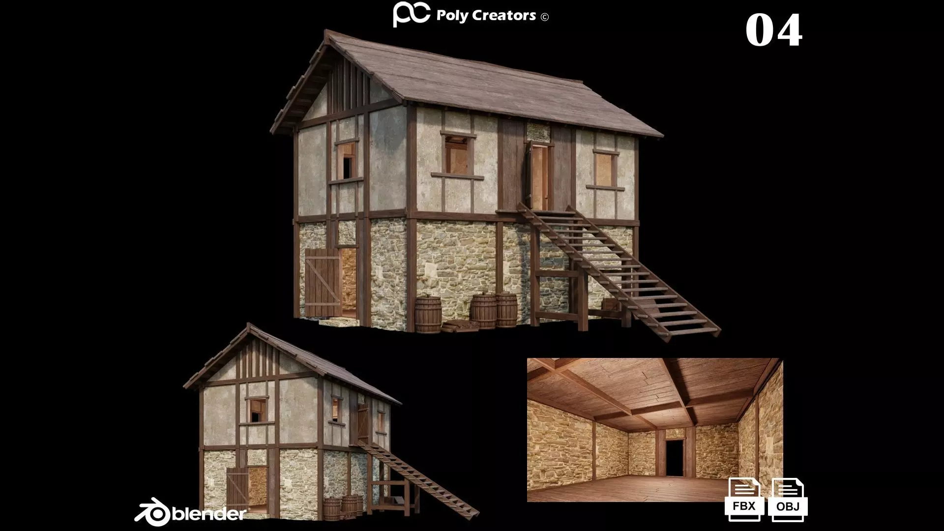 Medieval House 04 - 4K Textures Game Ready Low-poly 3D model_0