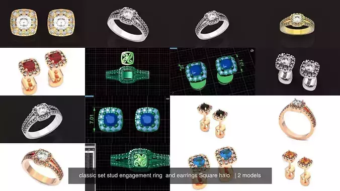 classic set stud engagement ring  and earrings Square halo  