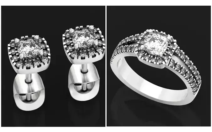 classic set stud engagement ring  and earrings Square halo   3D Model Collection