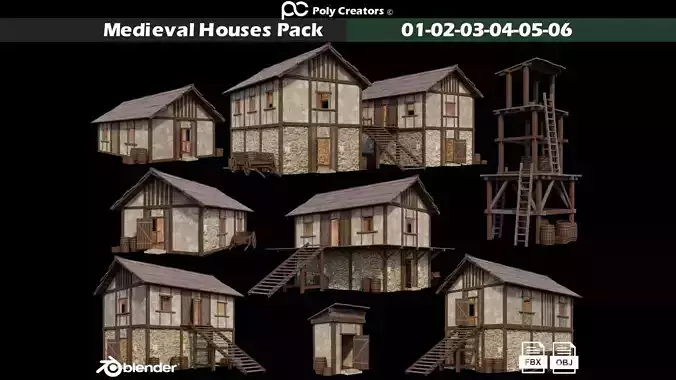 Medieval Houses Pack 01-02-03-04-05-06 - 4K Textures Game Ready Low-poly 3D model