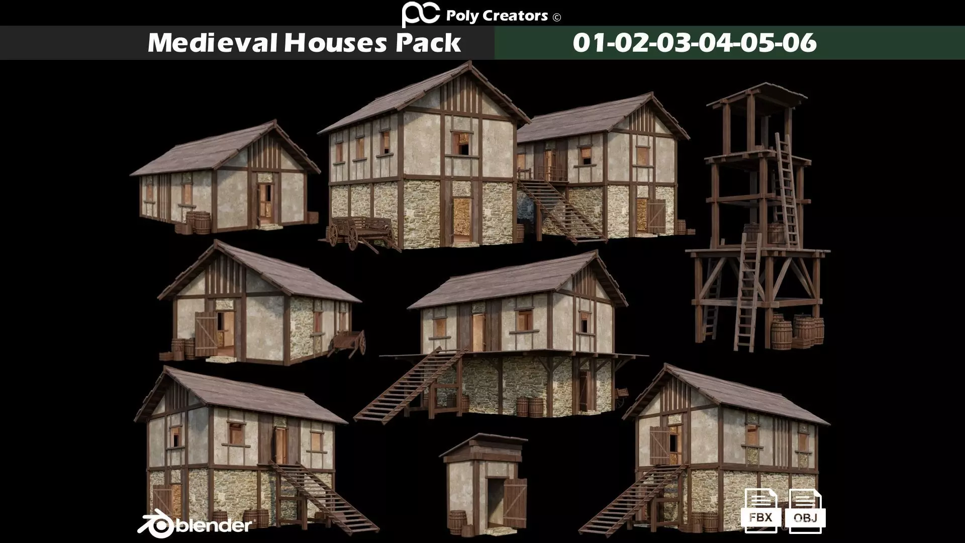 Medieval Houses Pack 01-02-03-04-05-06 - 4K Textures Game Ready Low-poly 3D model_0
