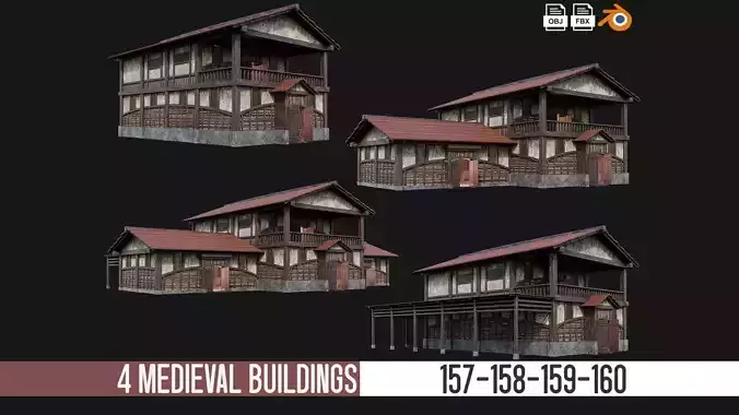 4 Medieval House Building Pack 4K Textures GameReady 157 to 160 Low-poly 3D model