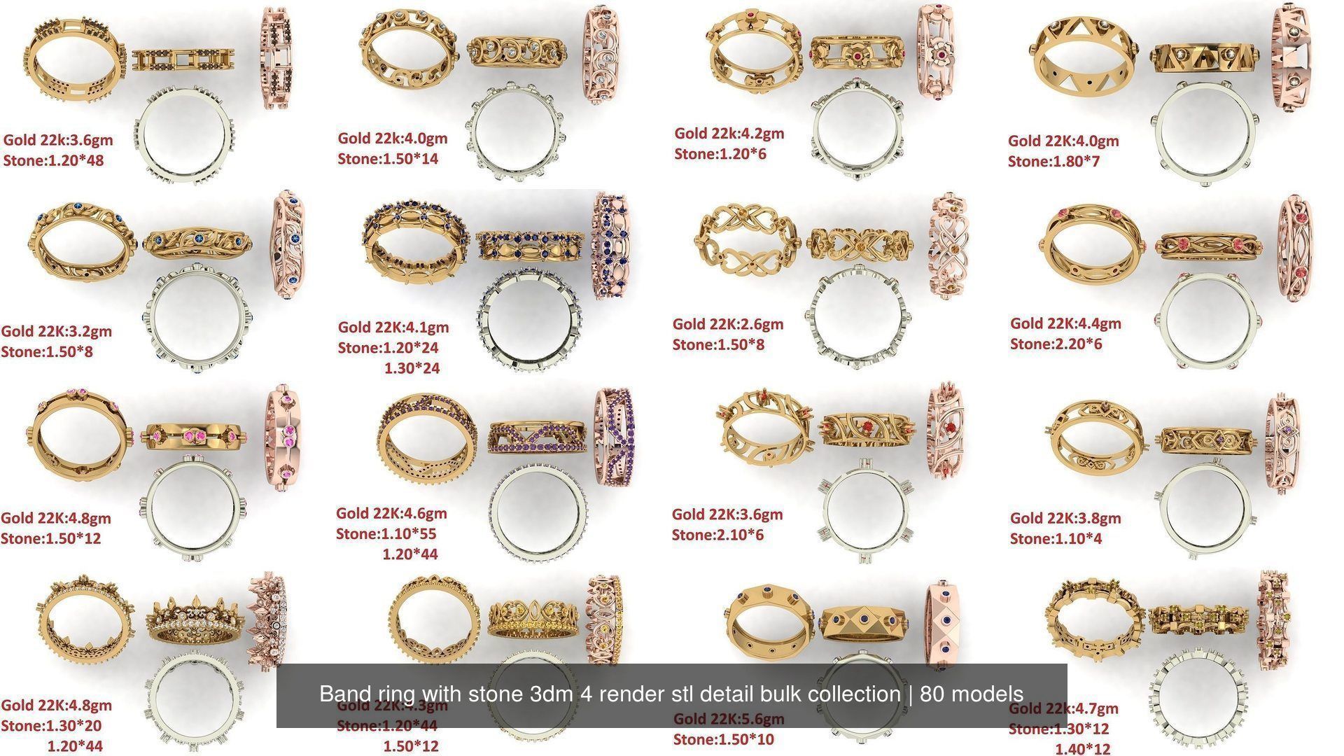 80 Band ring with stone 3dm 4 render stl detail bulk collection _4