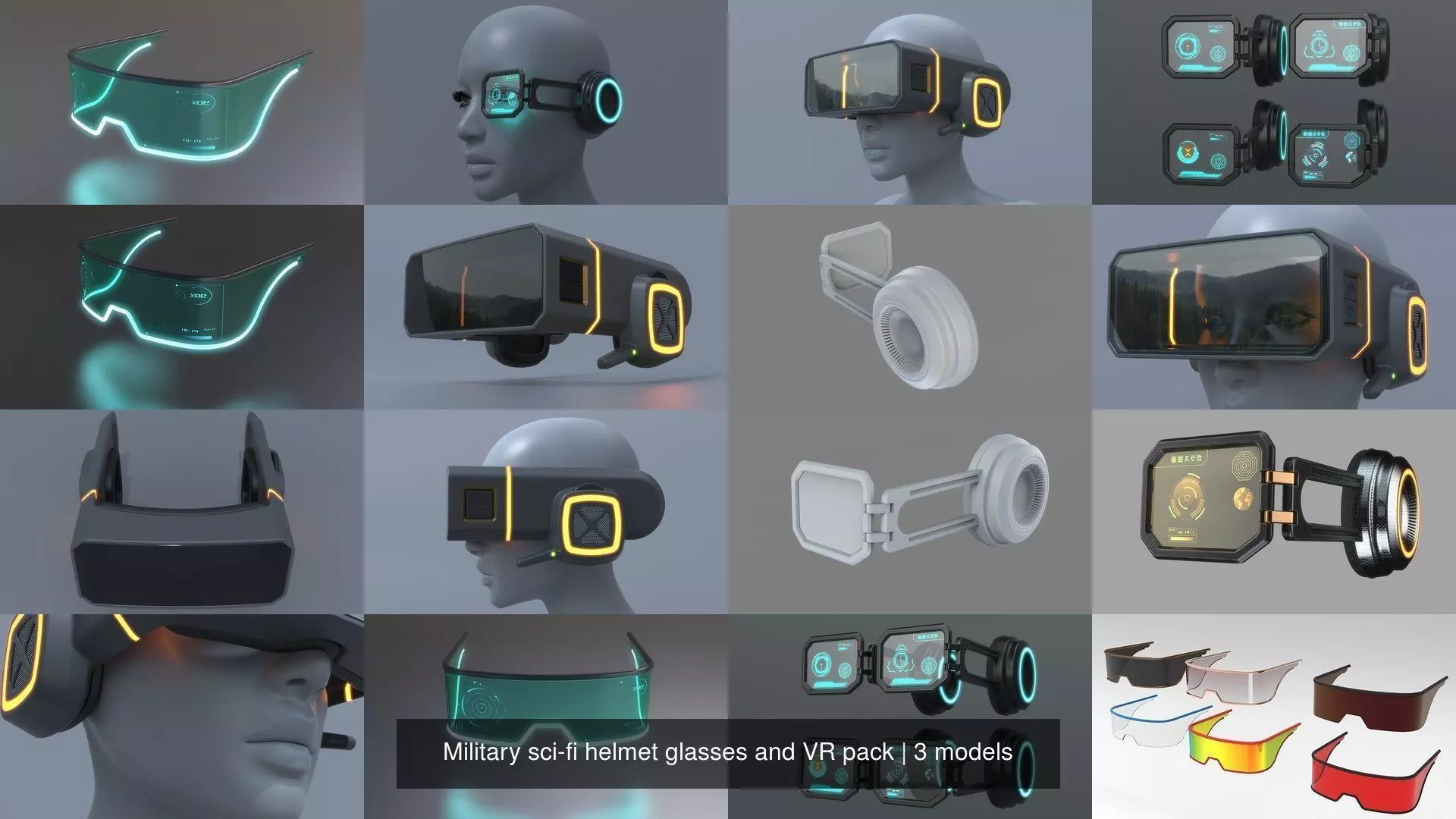 Military sci-fi helmet glasses and VR pack x3 3D Model Collection_1
