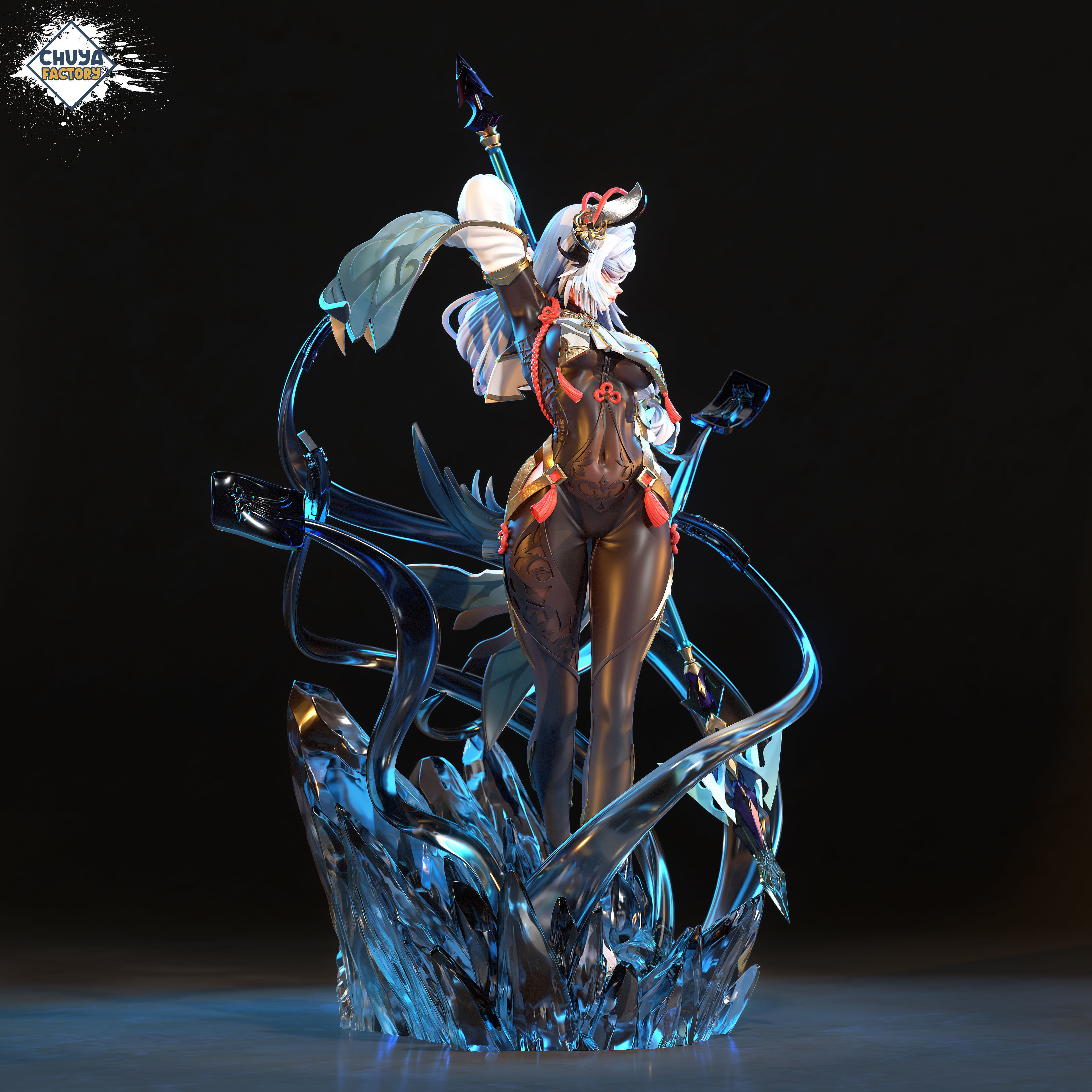 Shenhe statue of female character holding sword 3D print model_9