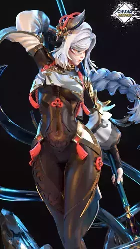 Shenhe statue of female character holding sword 3D print model