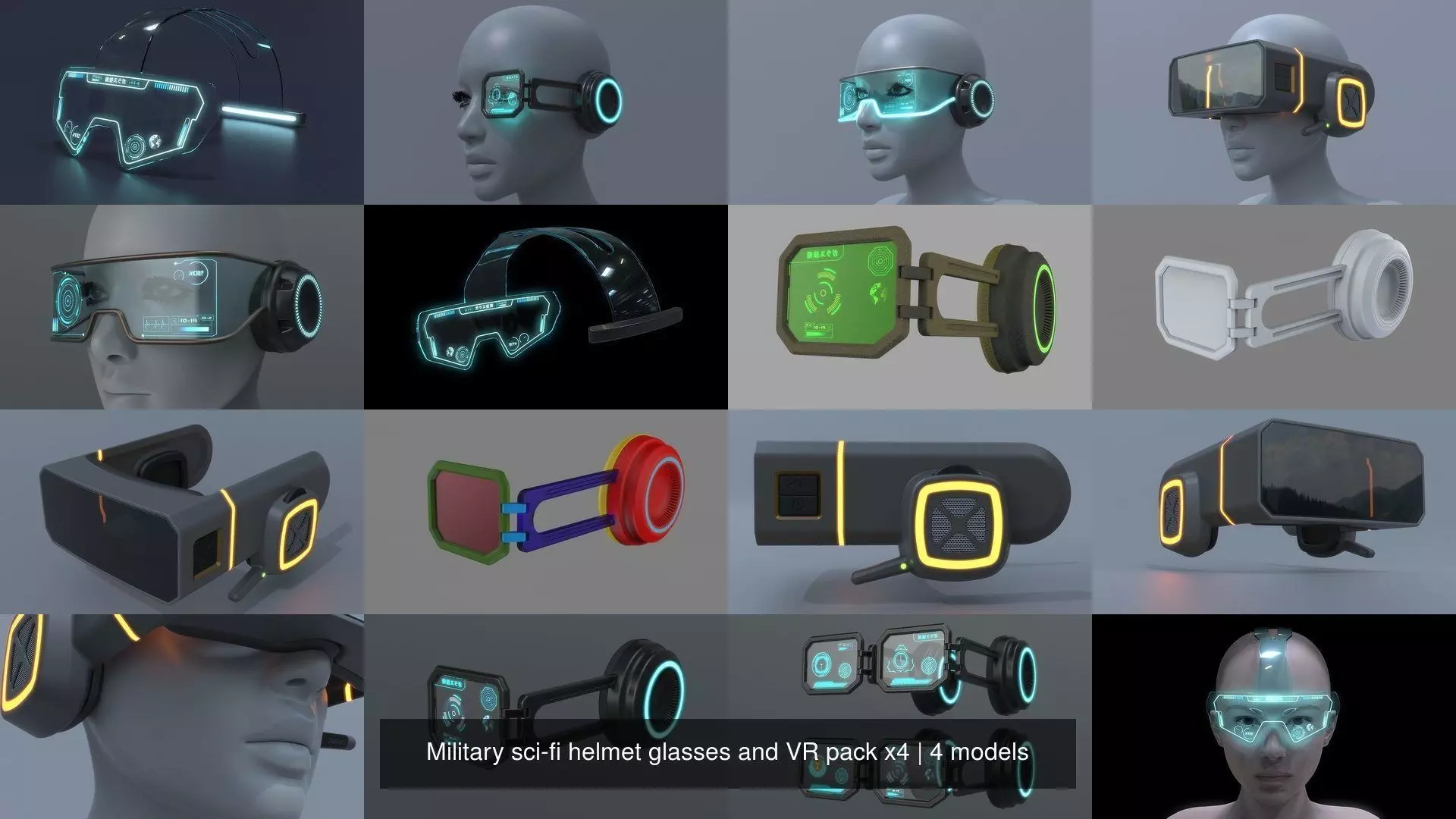 Military sci-fi helmet glasses and VR pack x4 3D Model Collection_1