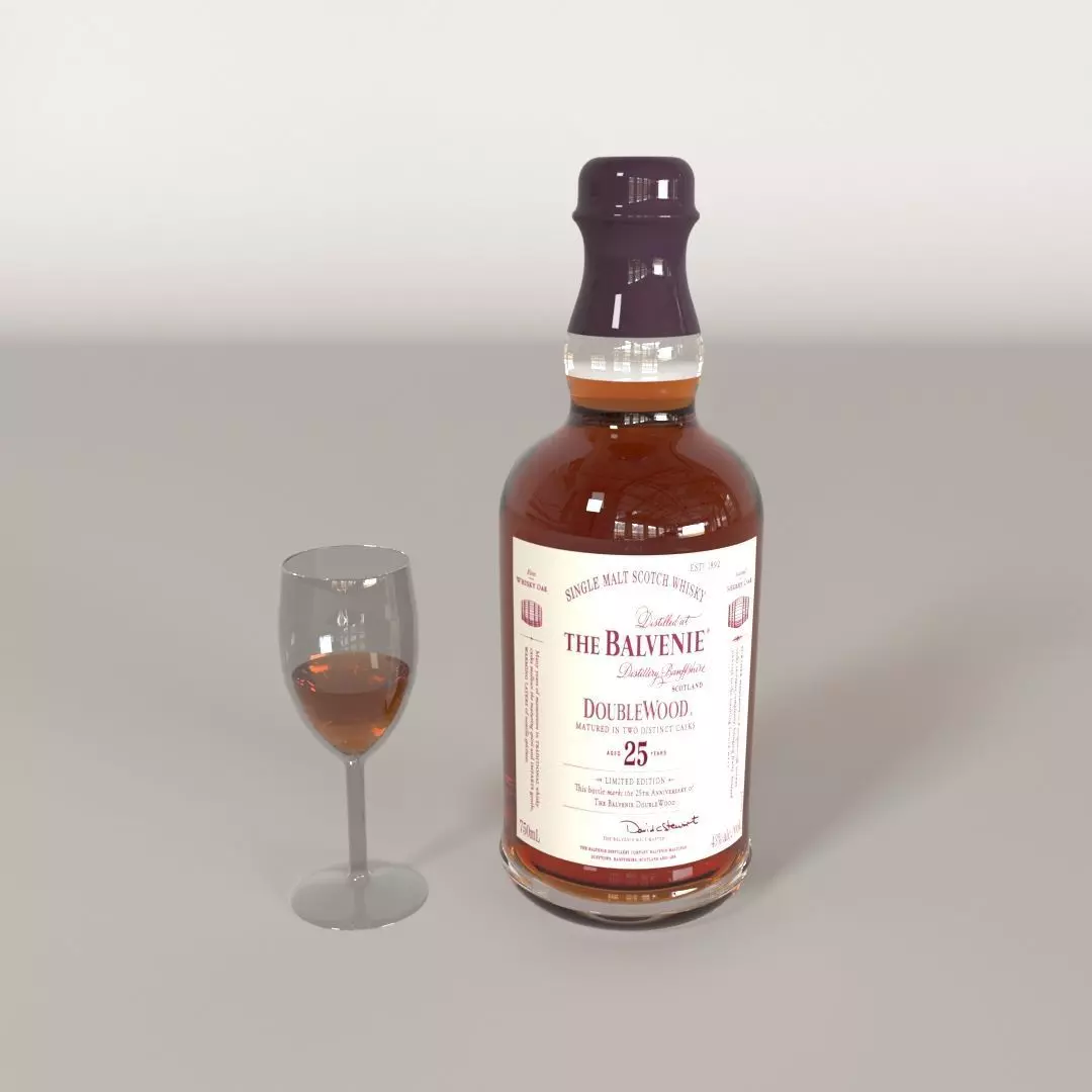 The Balvenie bottle of whisky and glass 3D model
