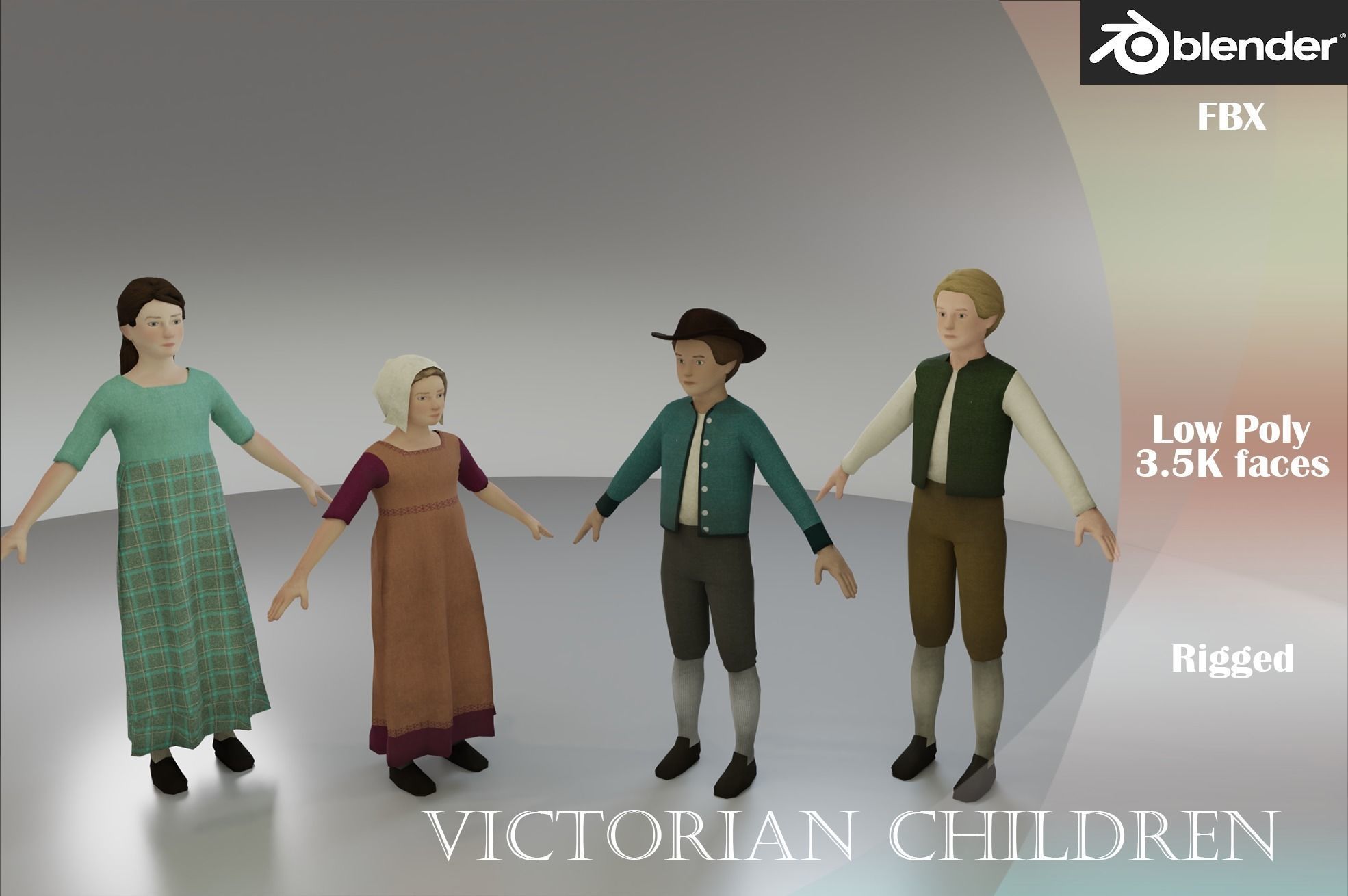 Low Poly Victorian Peasant Children Low-poly 3D model_6