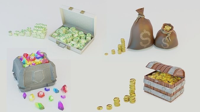 Game set of treasures low poly hand painted game ready Low-poly 3D model