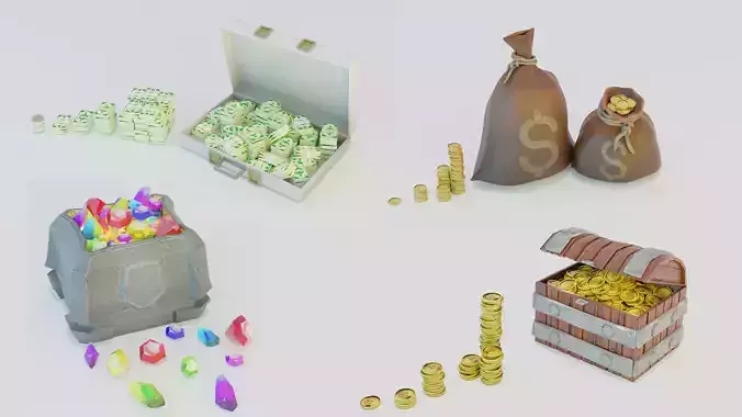 Game set of treasures low poly hand painted game ready Low-poly 3D model