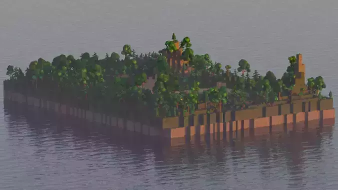Low-poly Island in water with sun setting behind it 3D model