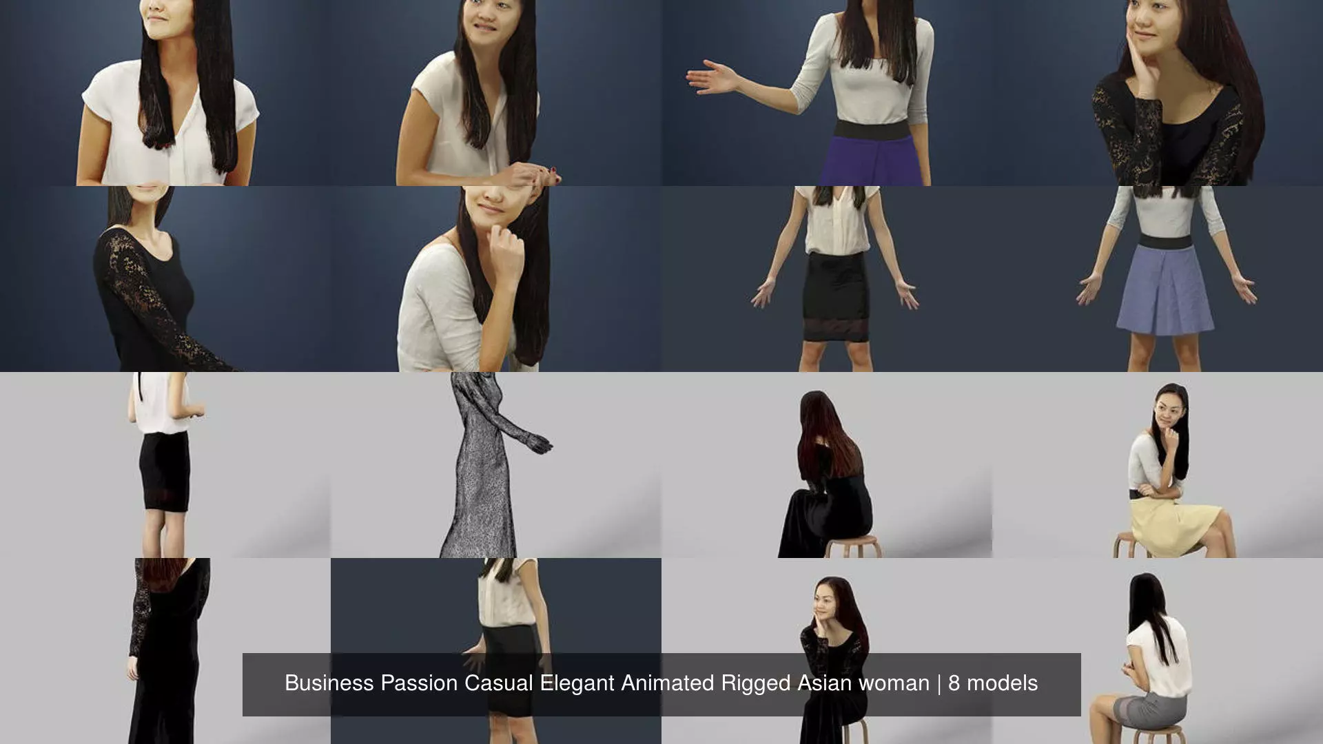 6X POSED 2X Animated Business Casual Elegant Rigged Asian woman 3D Model Collection_0