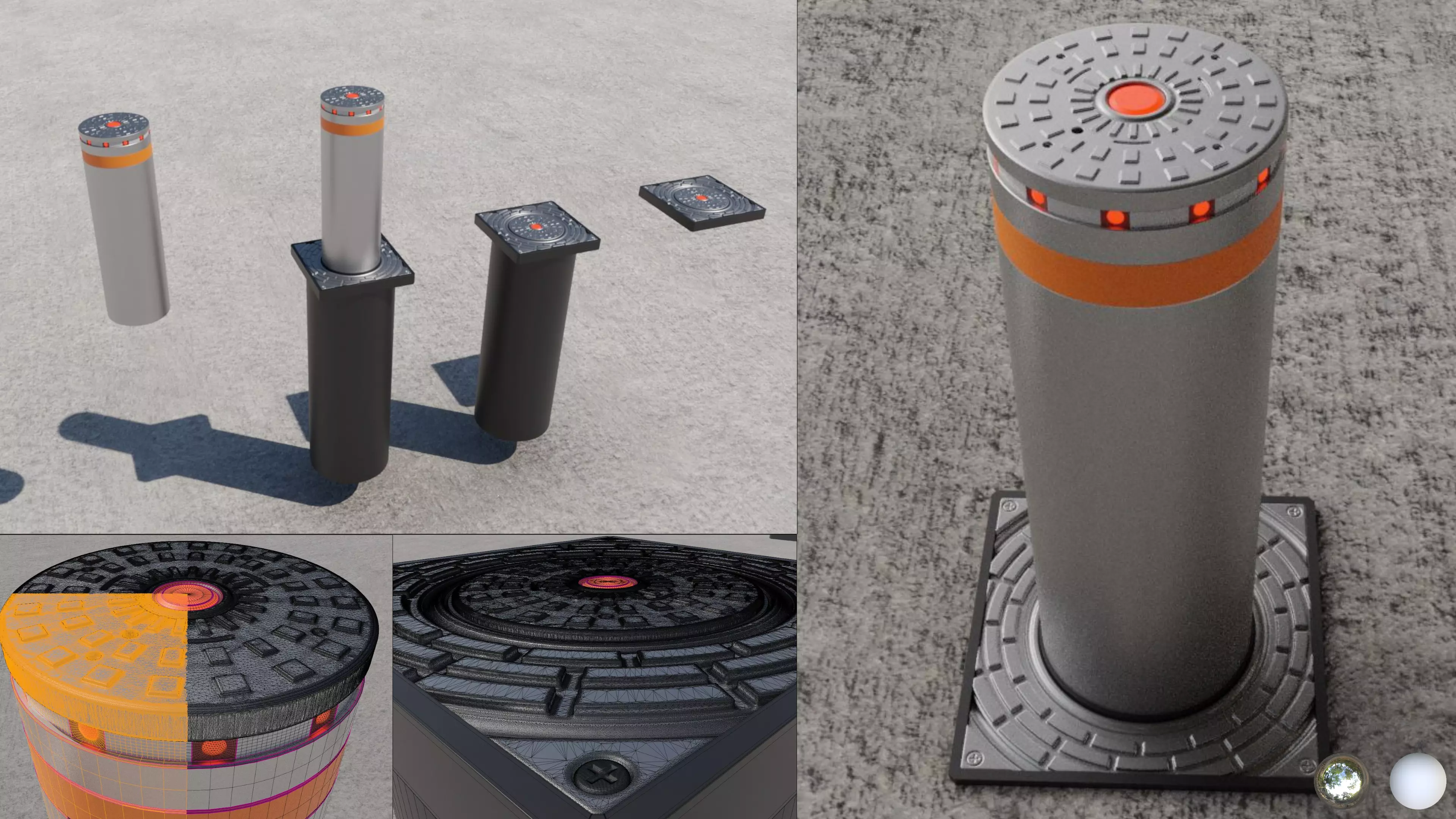 High-Poly Hydraulic Bollard with LED Lights 3D model