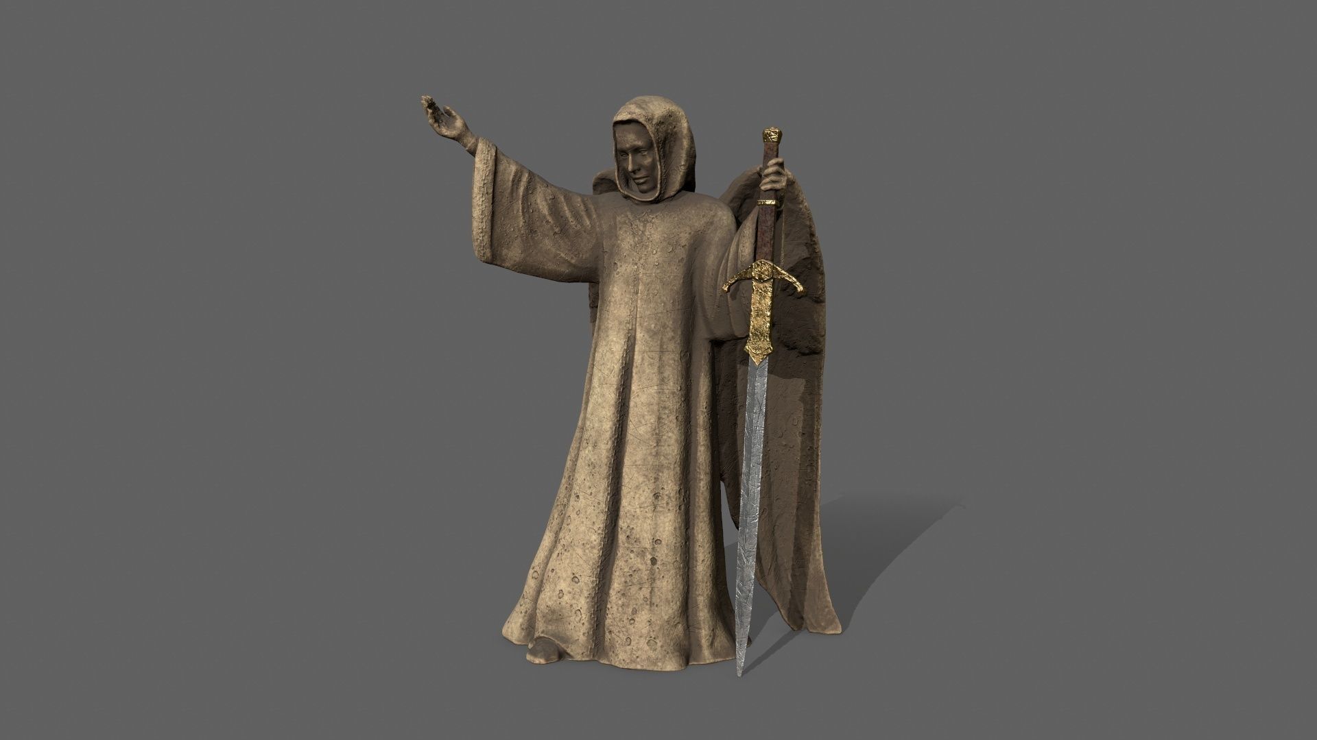 Angel statue of knight holding sword Low-poly 3D model_2