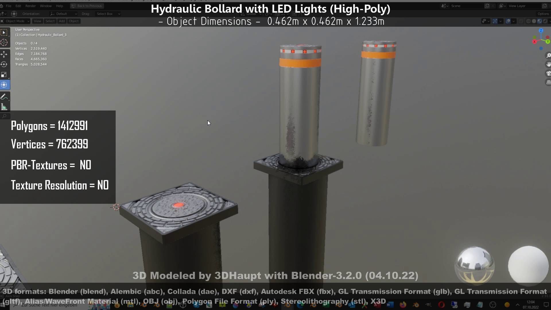 Hydraulic Bollard with LED Lights High and Low-Poly 3D Model Collection_121