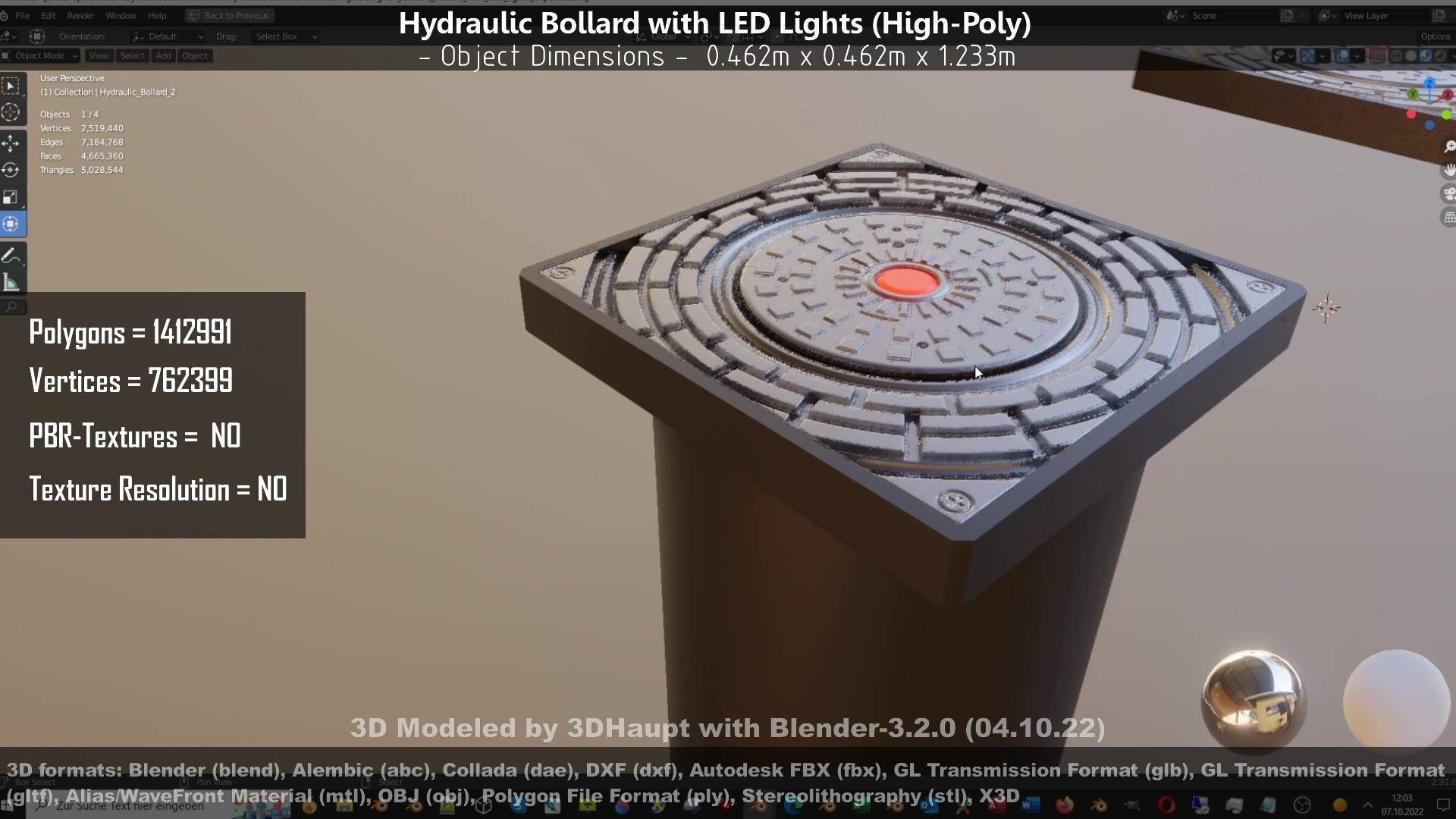 Hydraulic Bollard with LED Lights High and Low-Poly 3D Model Collection_84