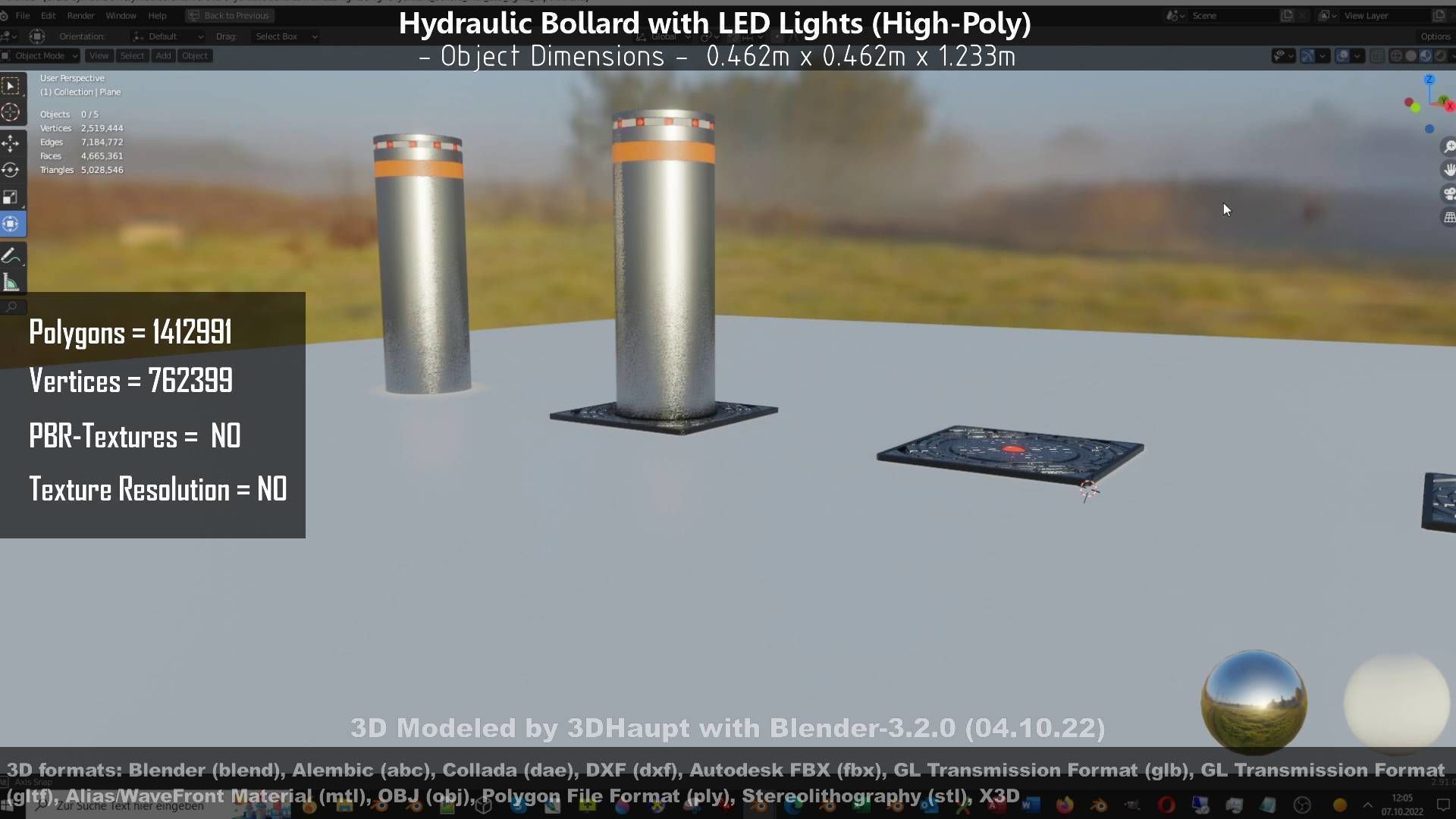 Hydraulic Bollard with LED Lights High and Low-Poly 3D Model Collection_101