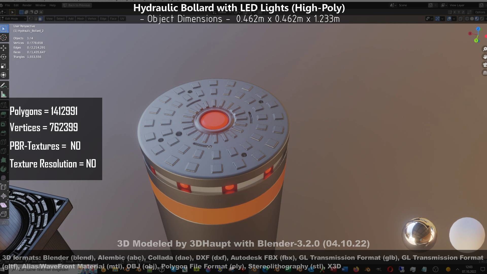 Hydraulic Bollard with LED Lights High and Low-Poly 3D Model Collection_116