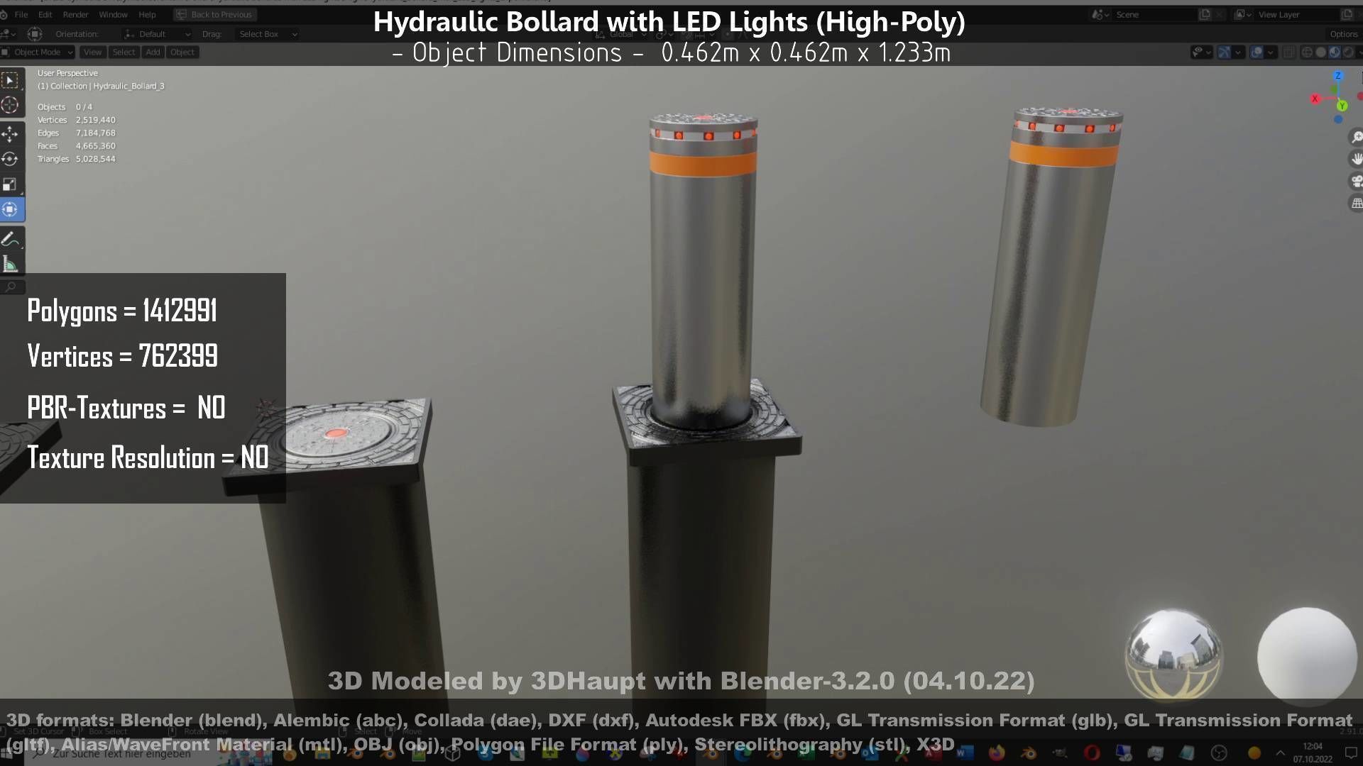 Hydraulic Bollard with LED Lights High and Low-Poly 3D Model Collection_94