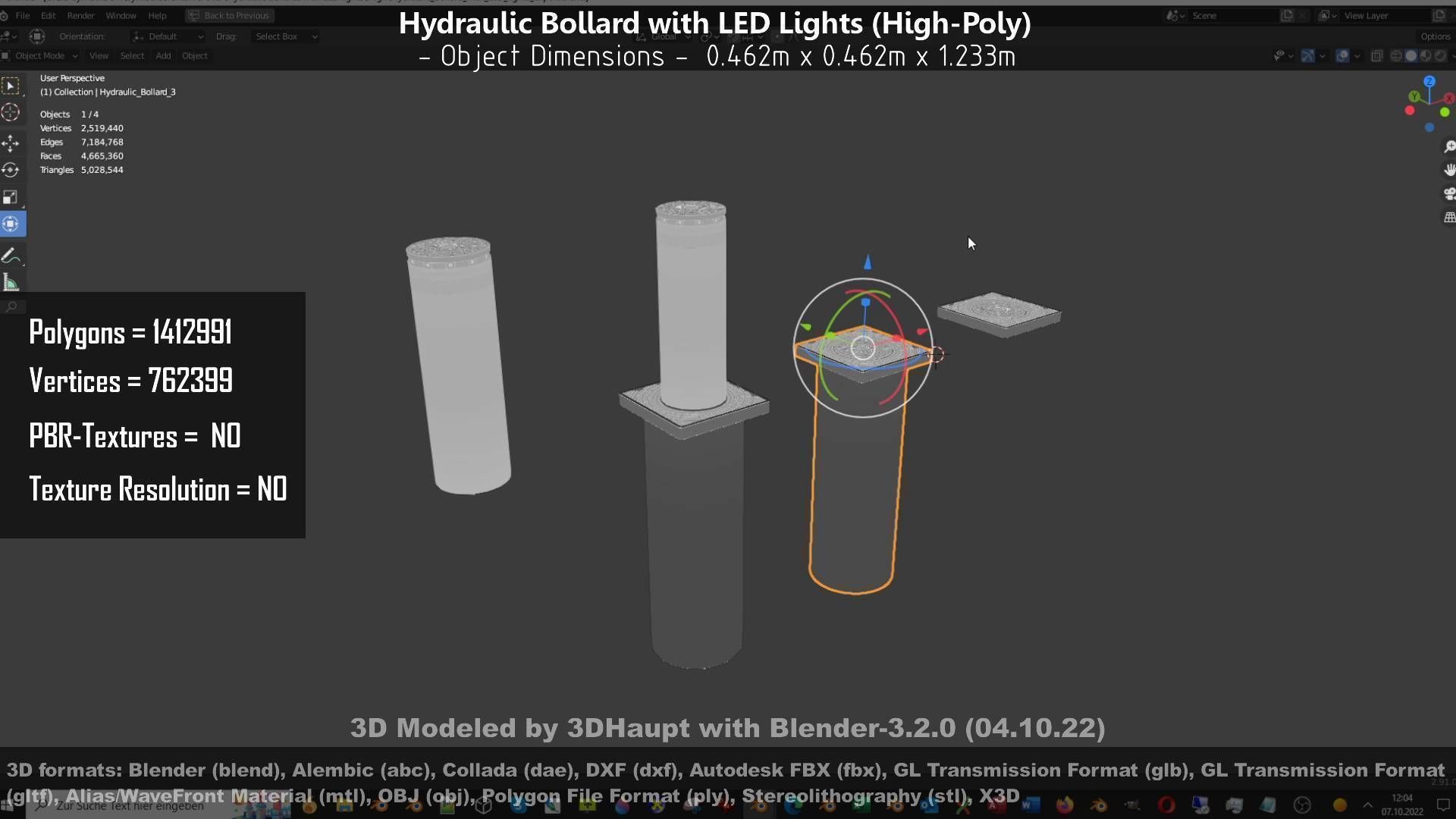Hydraulic Bollard with LED Lights High and Low-Poly 3D Model Collection_111