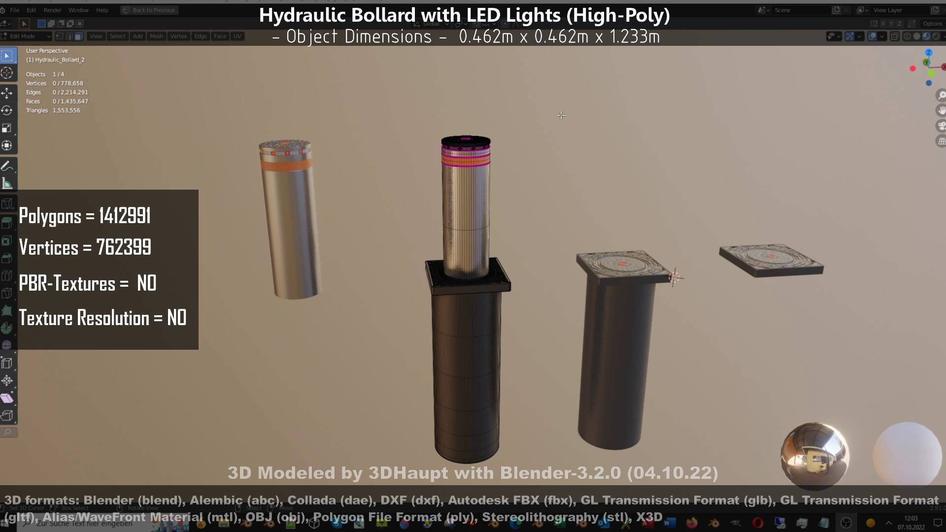 Hydraulic Bollard with LED Lights High and Low-Poly 3D Model Collection_119