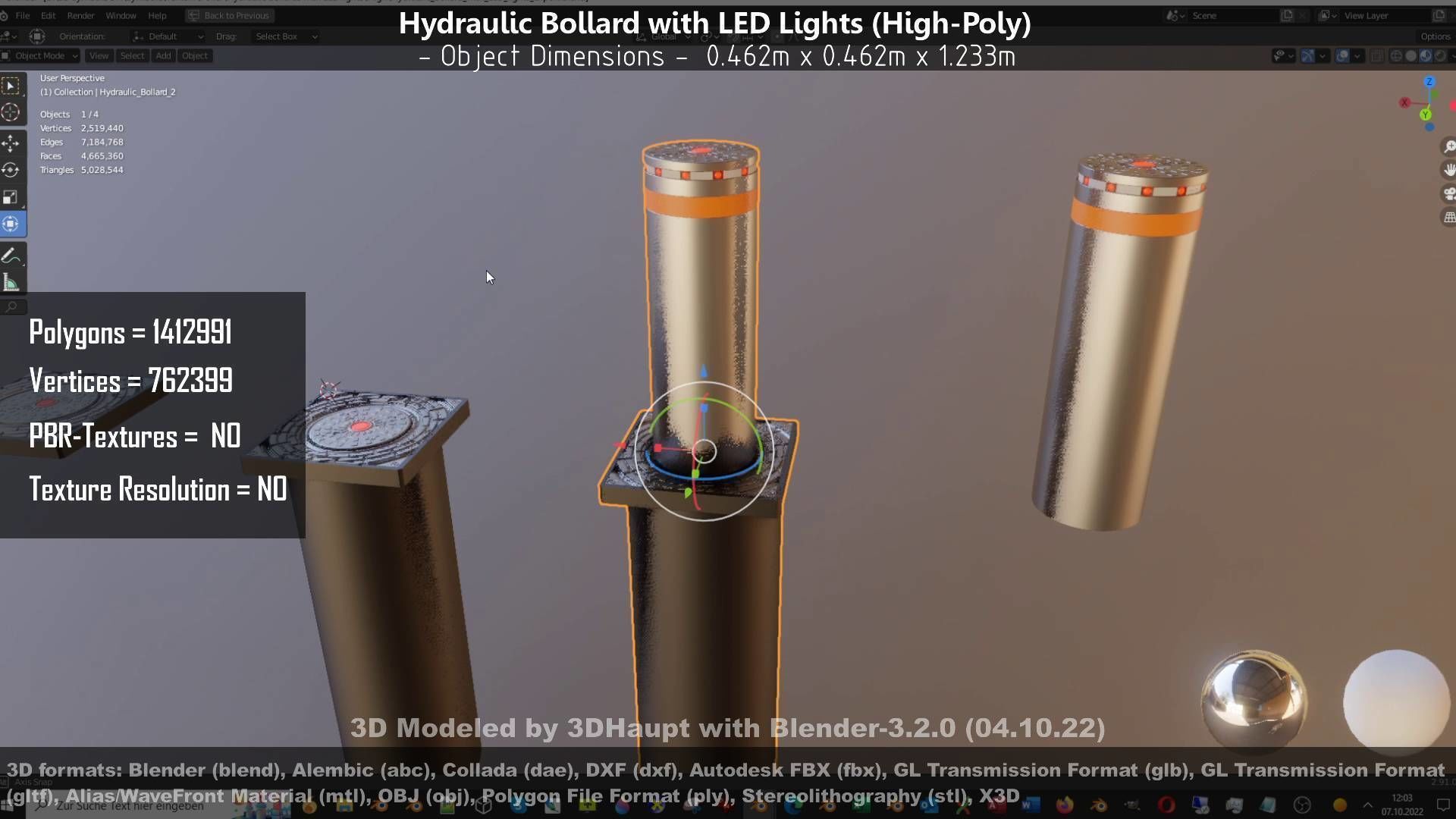 Hydraulic Bollard with LED Lights High and Low-Poly 3D Model Collection_107