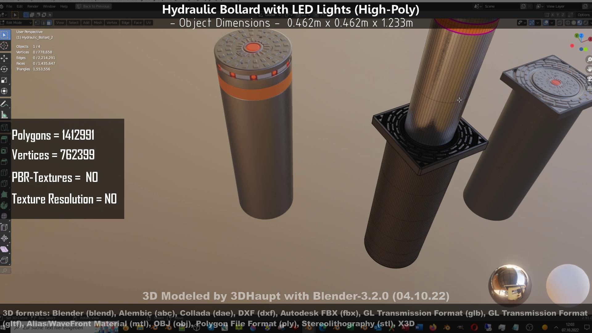 Hydraulic Bollard with LED Lights High and Low-Poly 3D Model Collection_106