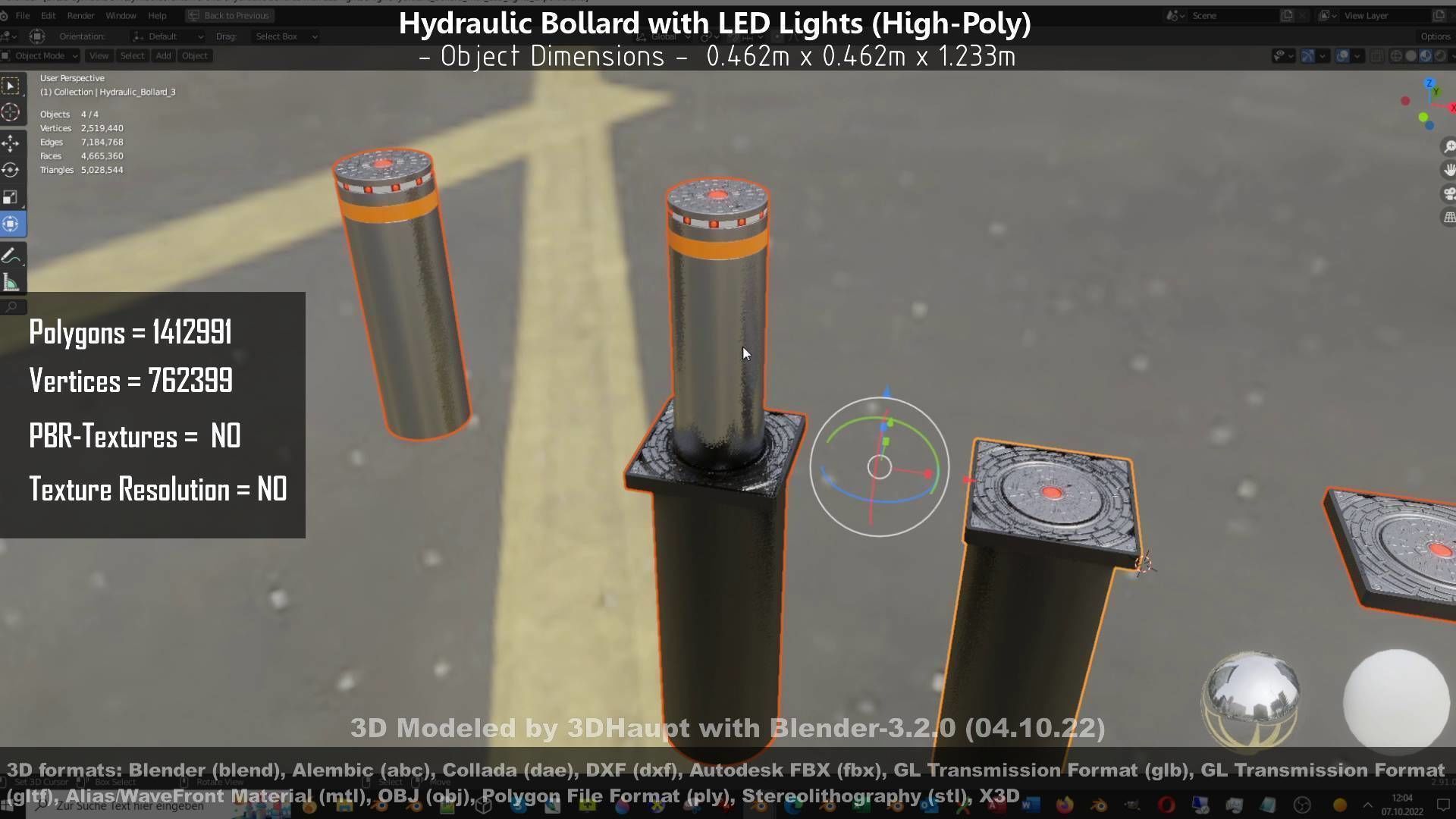 Hydraulic Bollard with LED Lights High and Low-Poly 3D Model Collection_124