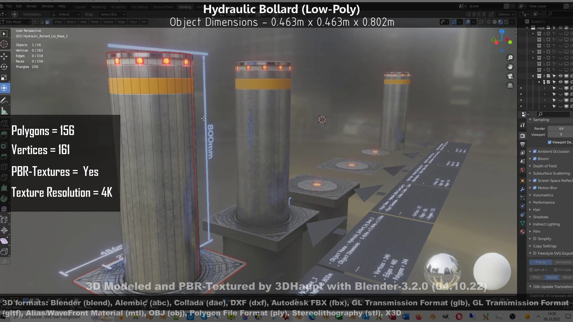 Hydraulic Bollard with LED Lights High and Low-Poly 3D Model Collection_30