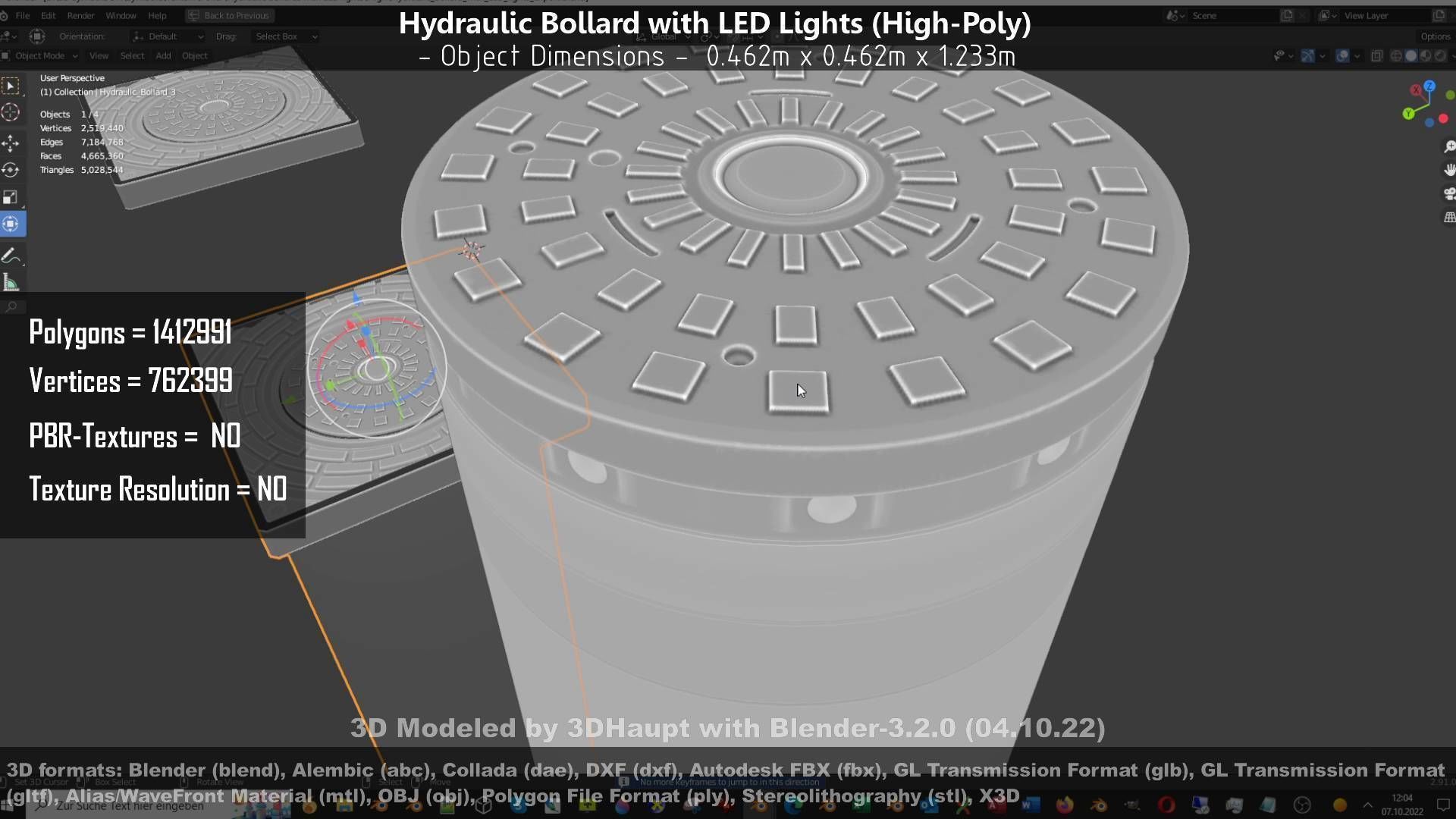 Hydraulic Bollard with LED Lights High and Low-Poly 3D Model Collection_120