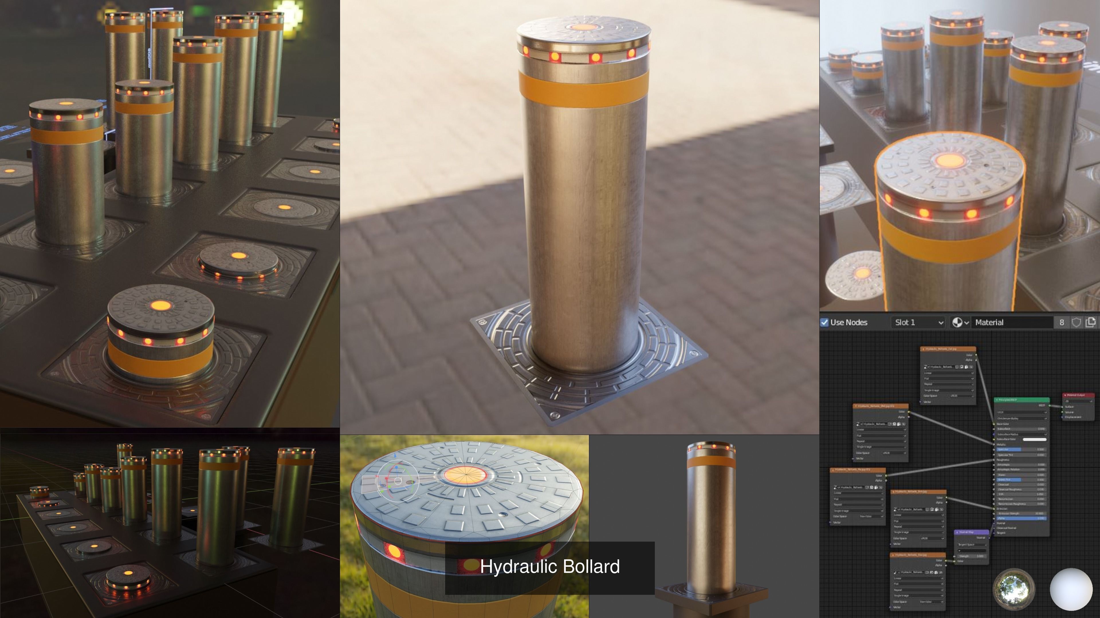 Hydraulic Bollard with LED Lights High and Low-Poly 3D Model Collection_1