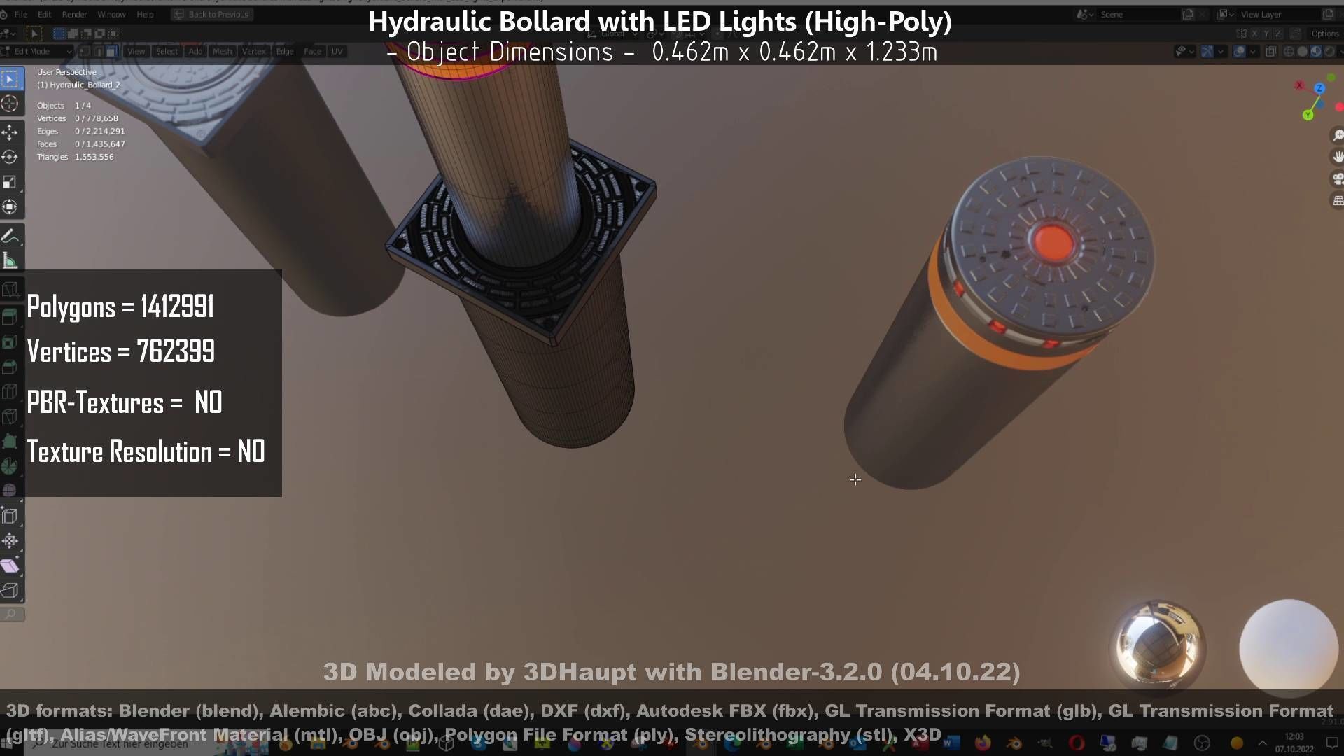Hydraulic Bollard with LED Lights High and Low-Poly 3D Model Collection_86