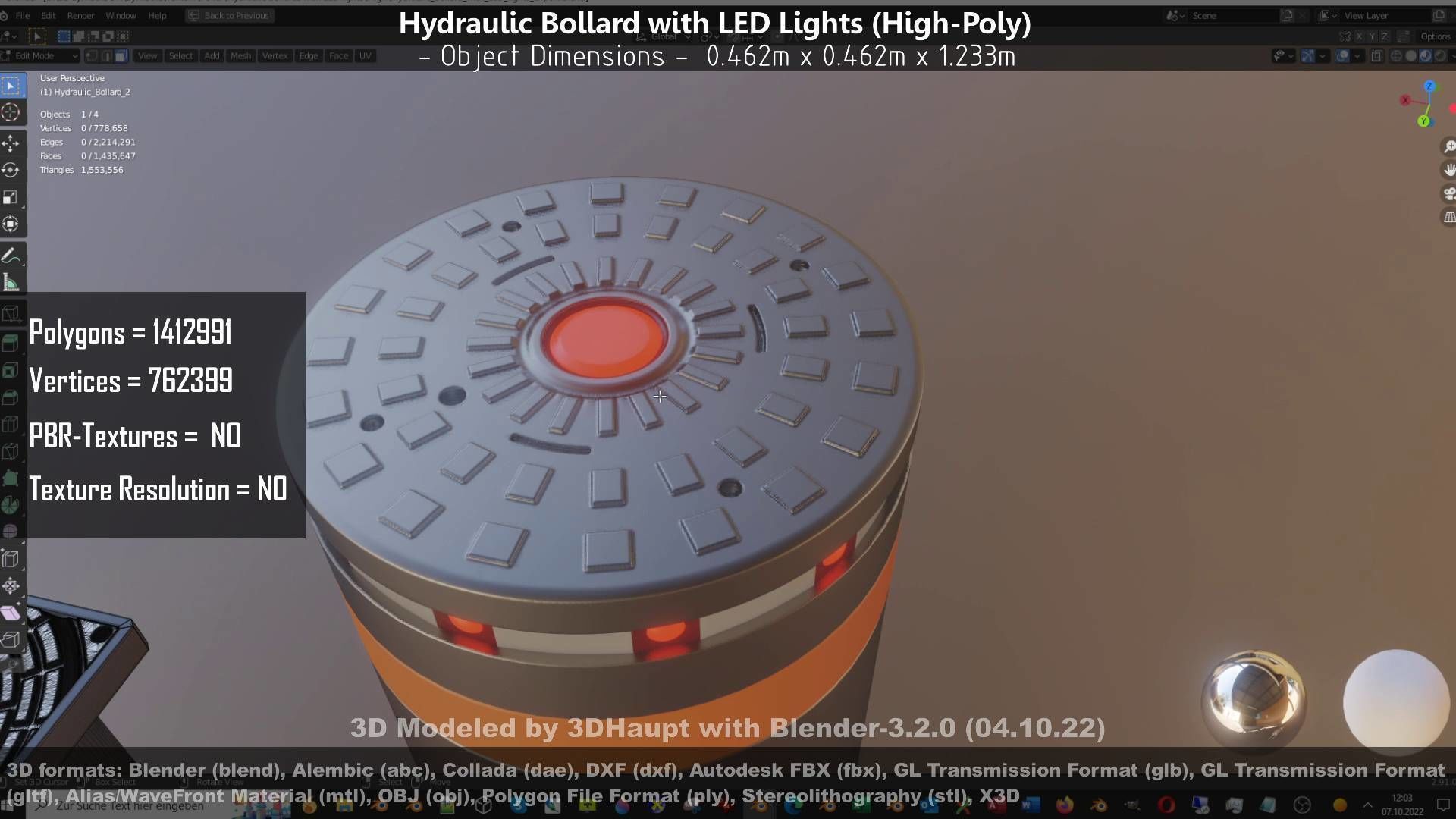Hydraulic Bollard with LED Lights High and Low-Poly 3D Model Collection_85