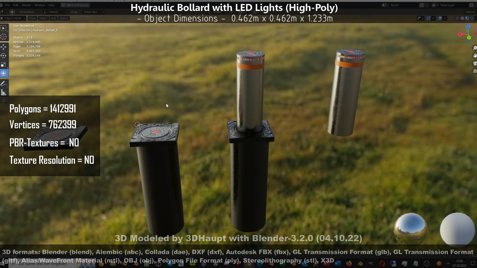 Hydraulic Bollard with LED Lights High and Low-Poly 3D Model Collection_126