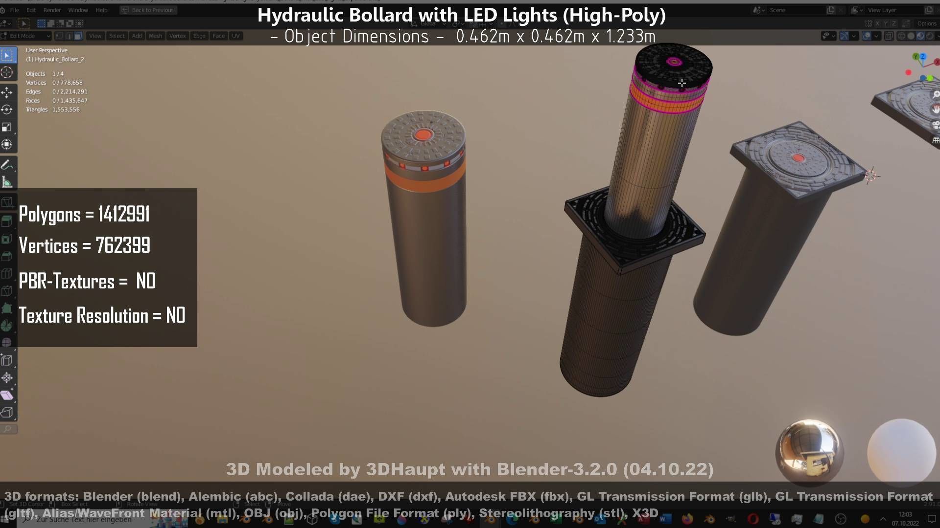 Hydraulic Bollard with LED Lights High and Low-Poly 3D Model Collection_108