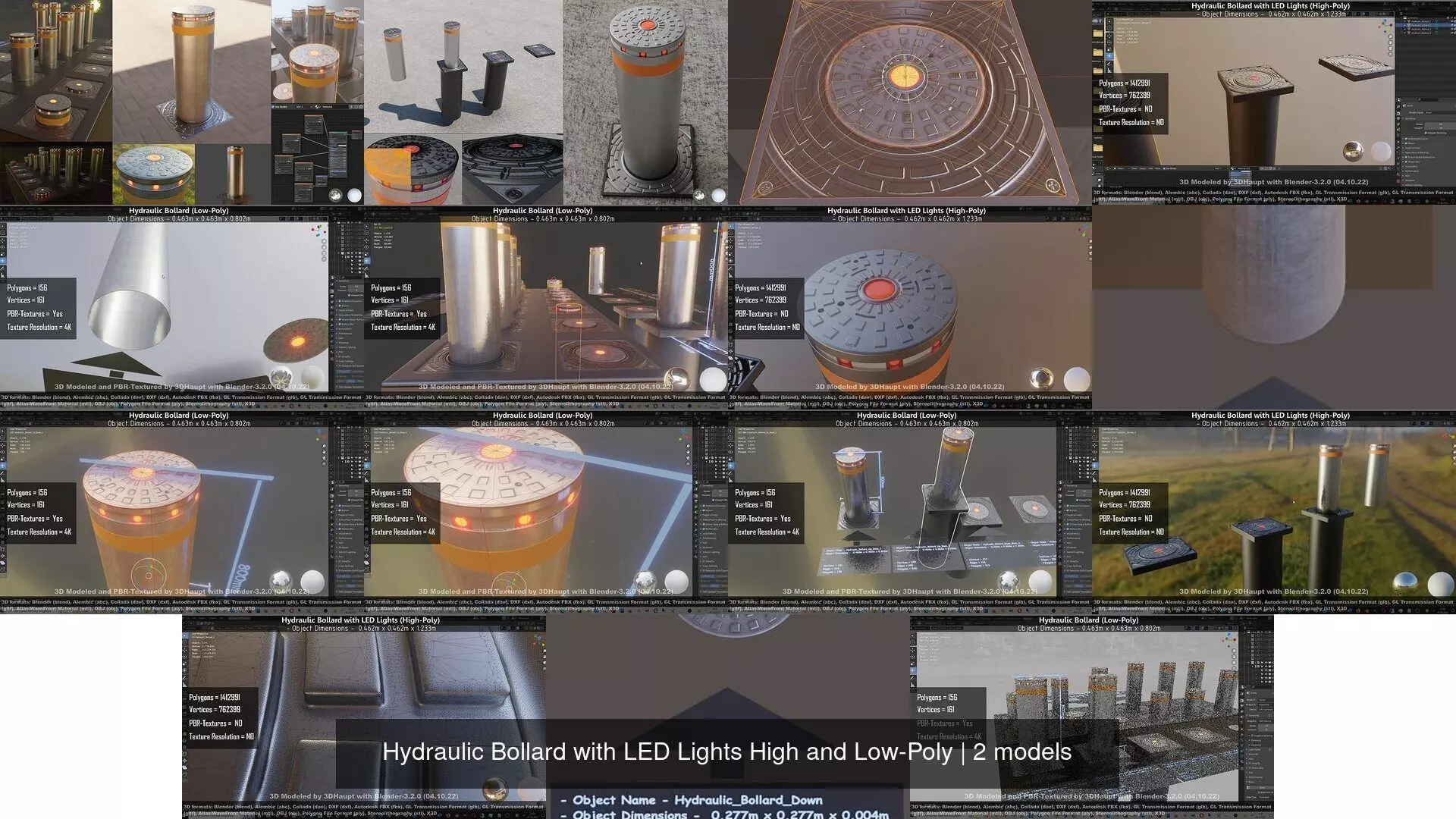 Hydraulic Bollard with LED Lights High and Low-Poly 3D Model Collection_0