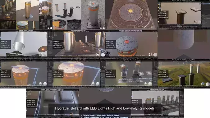 Hydraulic Bollard with LED Lights High and Low-Poly 3D Model Collection