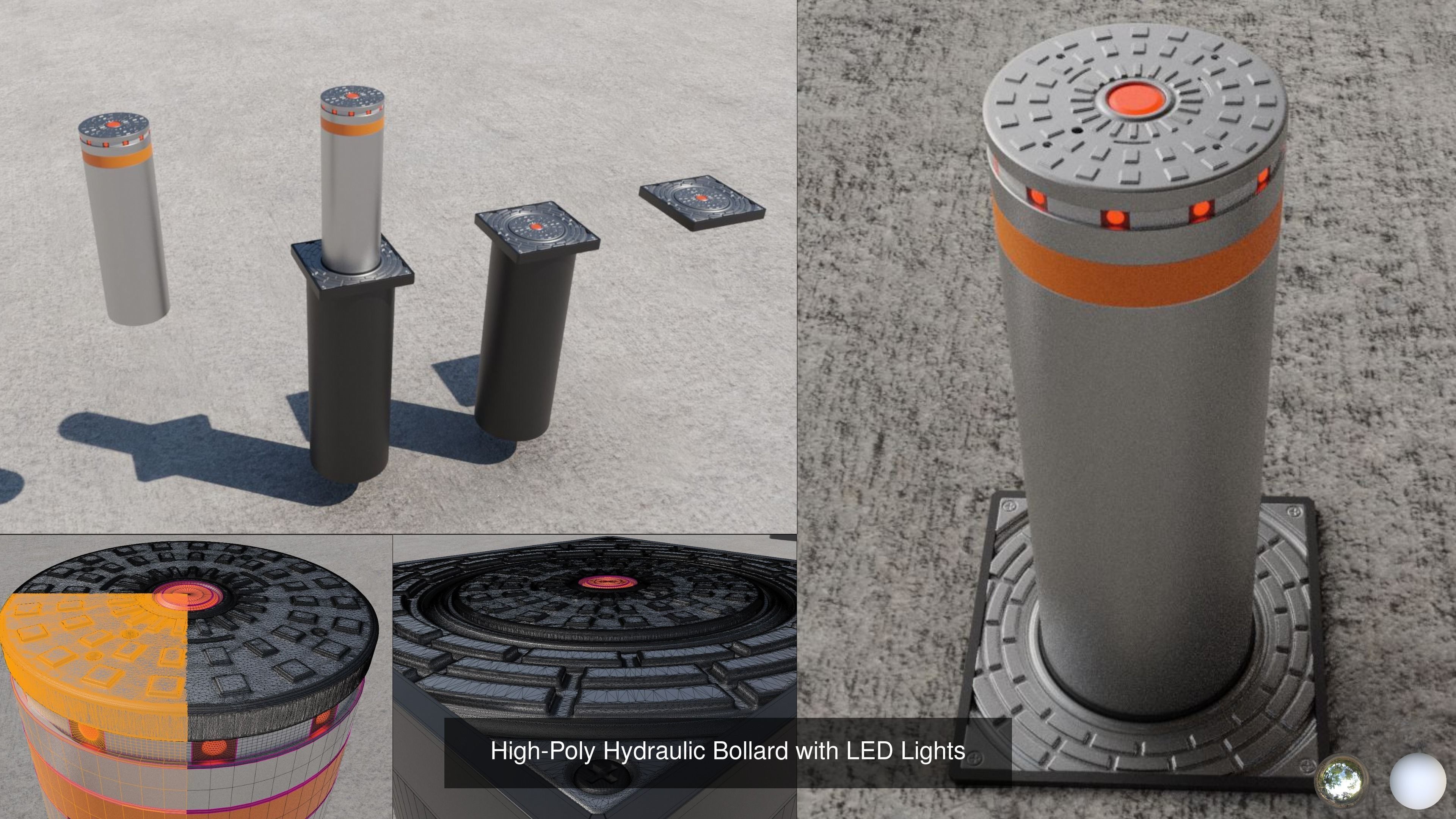 Hydraulic Bollard with LED Lights High and Low-Poly 3D Model Collection_2