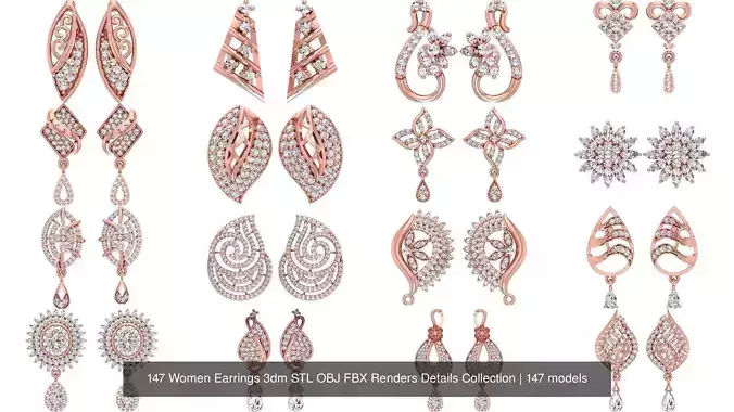 147 Women Earrings 3dm STL OBJ FBX Renders Details Collection 